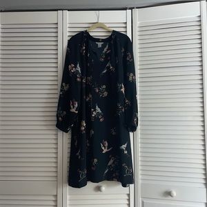 Navy Blue Bird and Floral Patterned Dress